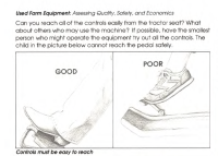 This illustration shows what it looks like when a person can easily reach control pedals from the tractor seat and what it looks like when the distance is too great.